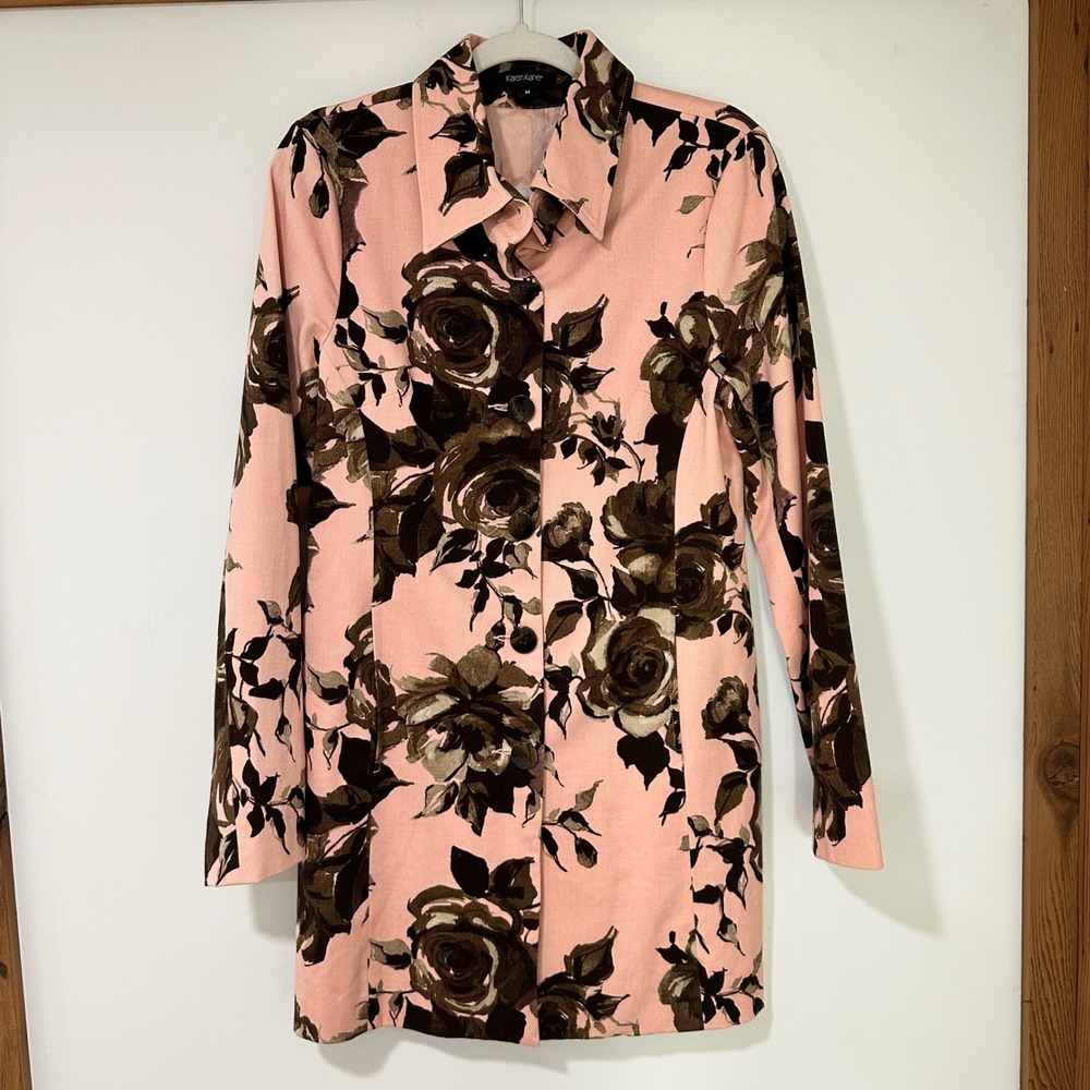 Karen Kane Floral Car Coat Womens M Pink Brown Rose Print Lined USA 250008